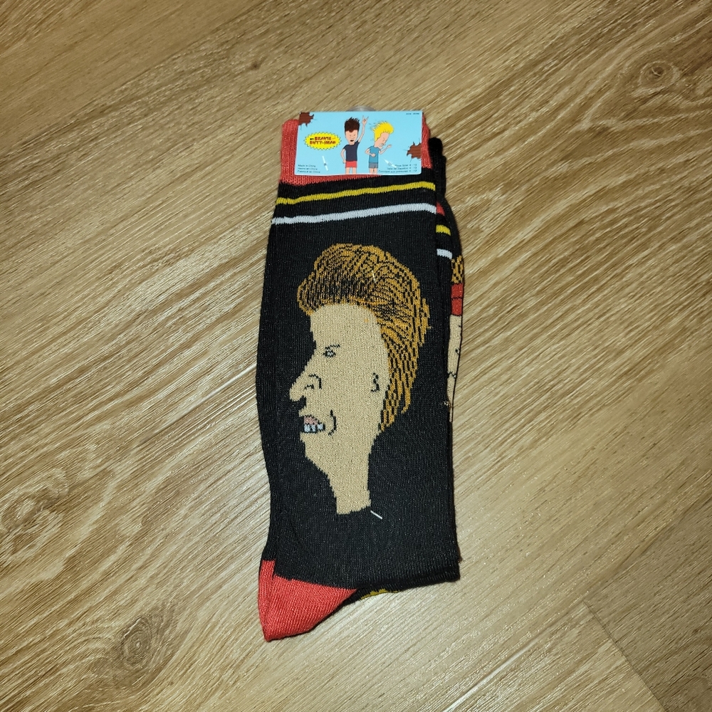 Beavis & Butt Head Crew Socks 2 Pair Men 6-12 Black Red Faces & Burger World New